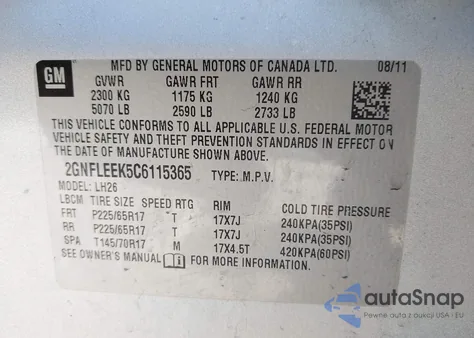 2012 Chevrolet Equinox 1Lt z USA, uszkodzony, nr VIN 2GNFLEEK5C6115365